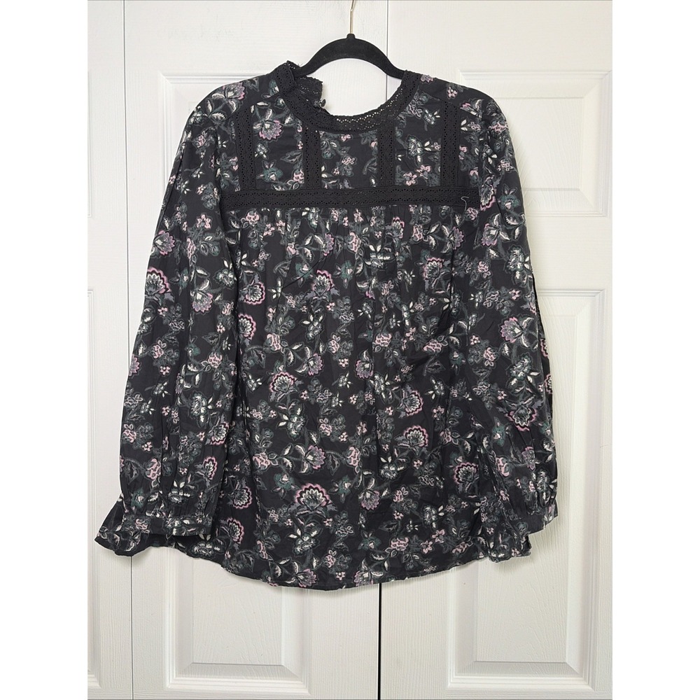 Lane Bryant Floral Lace Trim Blouse Womens Size 16 Black Pink Boho Cotton Top